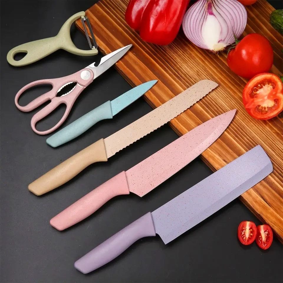 Set Of 6 Macarons Colorful Knife Set, Non-stick Kitchen Knives Set with 1 Scissor & 1 Peeler Stand and Chopping Board, Multicolor Rust-proof Boxed Knife Sets Set Of 6 Macarons Colorful Knife Set, Non-stick Kitchen Knives Set with 1 Scissor & 1 Peeler Stand and Chopping Board, Multicolor Rust-proof Boxed Knife Sets